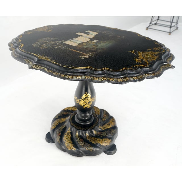 English Papier-Mache Black Gold Mother of Pearl Antique c1900s Lamp Table Clean! For Sale - Image 4 of 13