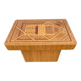 1970s Bamboo Dowel and Geometric Wood Inlay Occasional Side Table For Sale