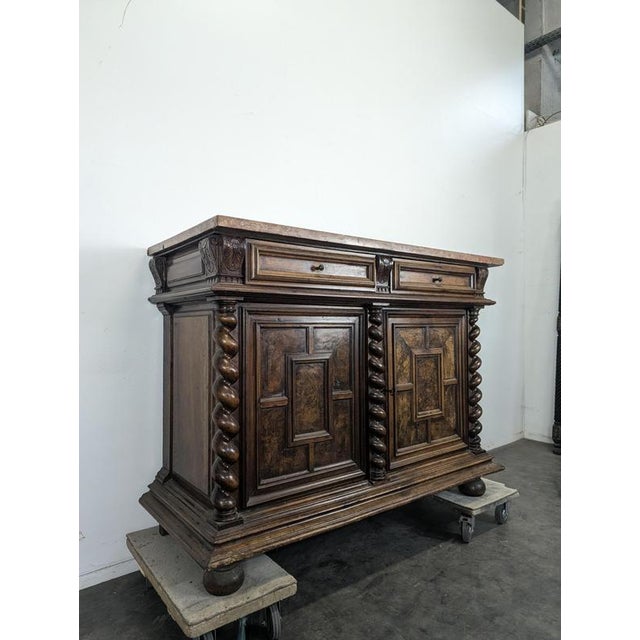 Louis XIII Style Walnut Buffet with Twisted Columns and Pink Marble Top For Sale - Image 3 of 8
