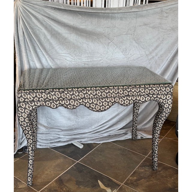 Beautiful fabric Upholstered Console Table / Writing desk. Glass Top for ease in writing, or perfect for displaying...