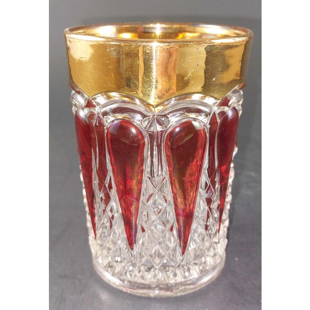 Antique Eapg Imperial Glass Bohemian Style Ruby Stain Wide Gold Trim Pitcher & 5 Tumblers Bar Set For Sale - Image 10 of 11
