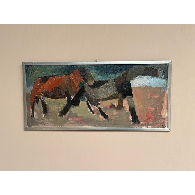Original Swedish Oil on Panel – “Two Horses” by Calle Johansson – Signed & Dated 1959 – Vintage & Framed – 35 × 75 cm...