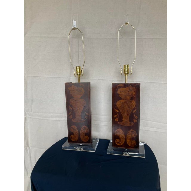 Traditional Pair Antique Marquetry Architectural Fragment Lamps W/Lucite Bases For Sale - Image 3 of 12