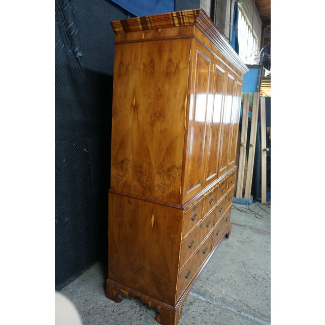 Antique English George II Style Oyster Burl Yew Cabinet on Chest Linen Press 80" For Sale - Image 13 of 18
