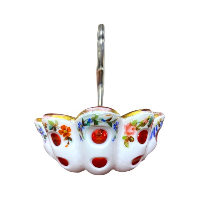 Antique Viennese Biedermeier Ruby Opaline Glass Bonbon Dish With Gilt Floral Enamel Decoration & Silver Handle, c.1830 For Sale - Image 16 of 16