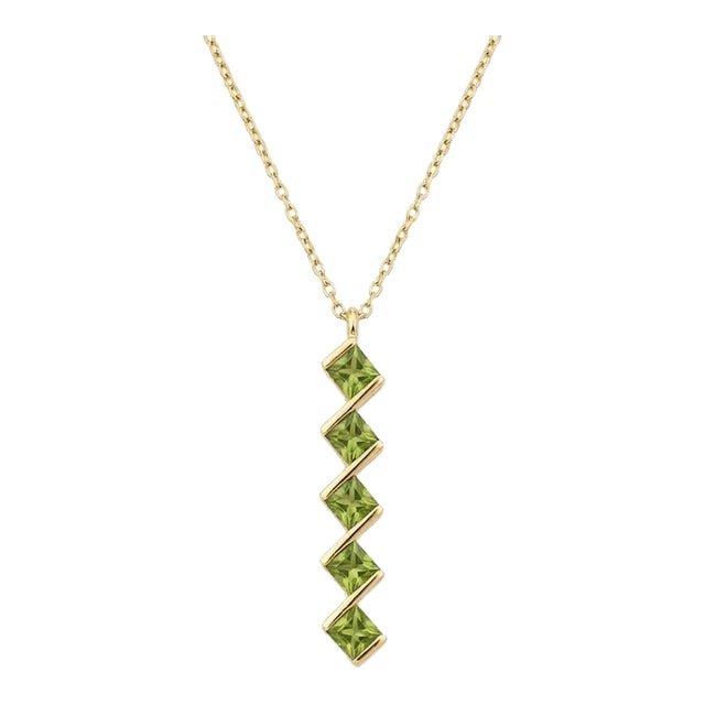 Green Peridot Princess Cut Pendant | August Birthstone Necklace | Unique Vertical Charm Pendant For Sale