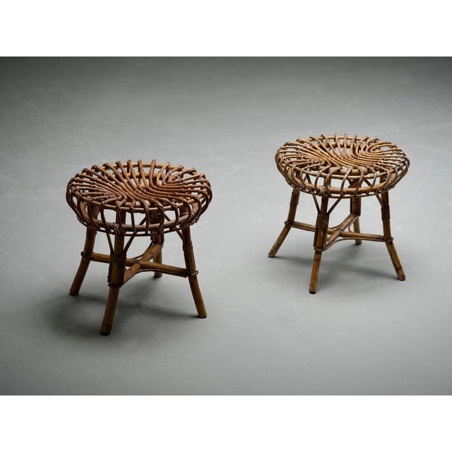 Rattan and Bamboo Round Ottomans by Franco Albini, 1960s, Set of 2 For Sale - Image 6 of 10