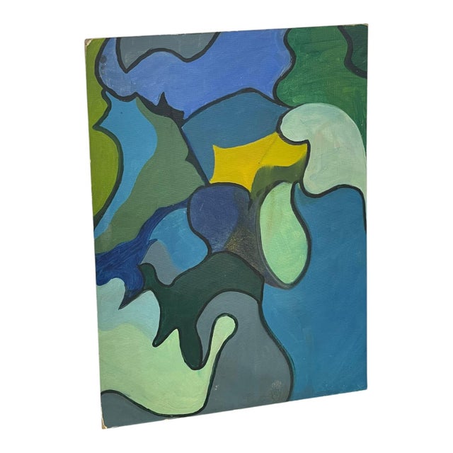 Abstract Vintage Abstract Geometric Acrylic Painting on Canvas Board in Blue and Green Tones.. For Sale - Image 3 of 10