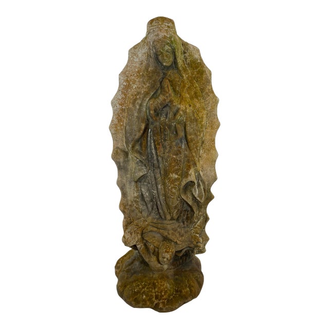French Madonna & Child Cast Stone Garden Sculpture, Devotional Figure W/Serpent For Sale
