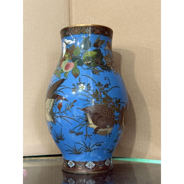 Meiji Japanese Cloisonne Enamel Vase With Quail, Insects, Fruit, and Flowers For Sale - Image 10 of 15