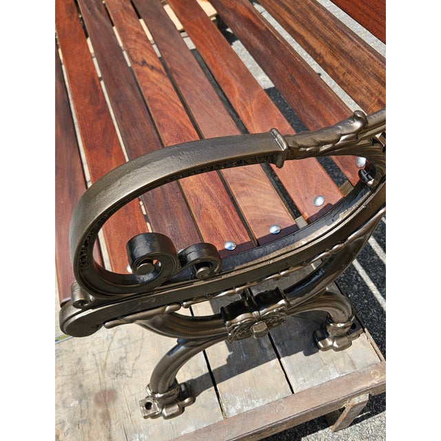 1950s Attributed Restored Woodstock, Vermont Bench Mfg. Co. Cast Iron Garden Bench With Oiled Ipe Slats (Bronze Finish) For Sale - Image 9 of 12
