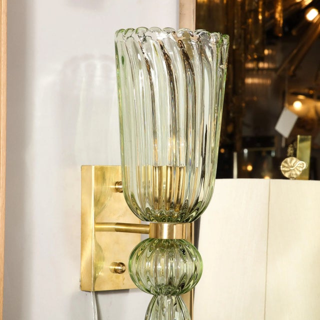 Modernist Celadon Hand-Blown Murano Glass & Brass Sconces With Elongated Drop For Sale - Image 12 of 12