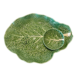 Mid-Century Portuguese Bordalo Pinheiro Cabbage Ware Chip & Dip Crudité Platter