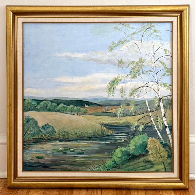Mid 20th Century Large Idyllic Country Scene Original Oil Painting, Framed For Sale - Image 9 of 9