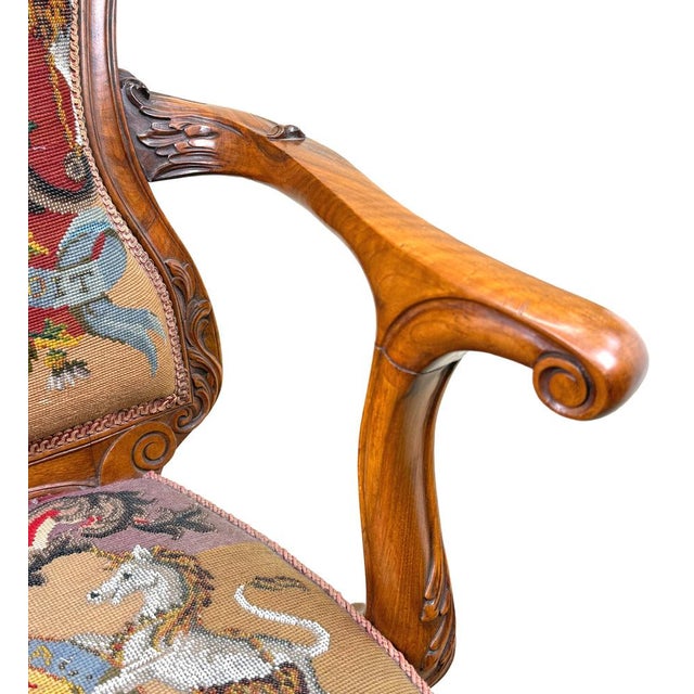 Wood Victorian Walnut Armchair with Royal Coat of Arms Upholstery, 1860 For Sale - Image 7 of 14