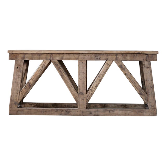 Matthew Izzo Home Timber Frame Oversized Console Table Made From Reclaimed Factory Beams and Floor Planks For Sale