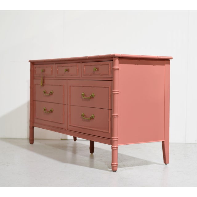 Pink Mid Century Hollywood Regency Faux Bamboo Dresser With Brass Hardware by Thomasville For Sale - Image 8 of 15