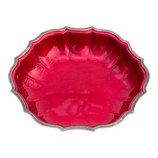 International Silver Scalloped Silverplate Raspberry Enamel Candy Dish For Sale