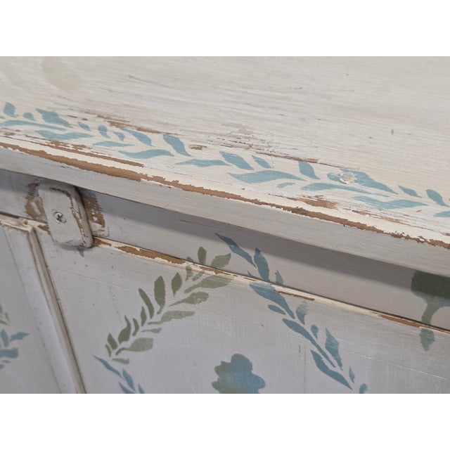 Antique Rustic Pine Two Door Sideboard Cabinet With Handpainted Lattice and Leaf Motif For Sale - Image 12 of 18