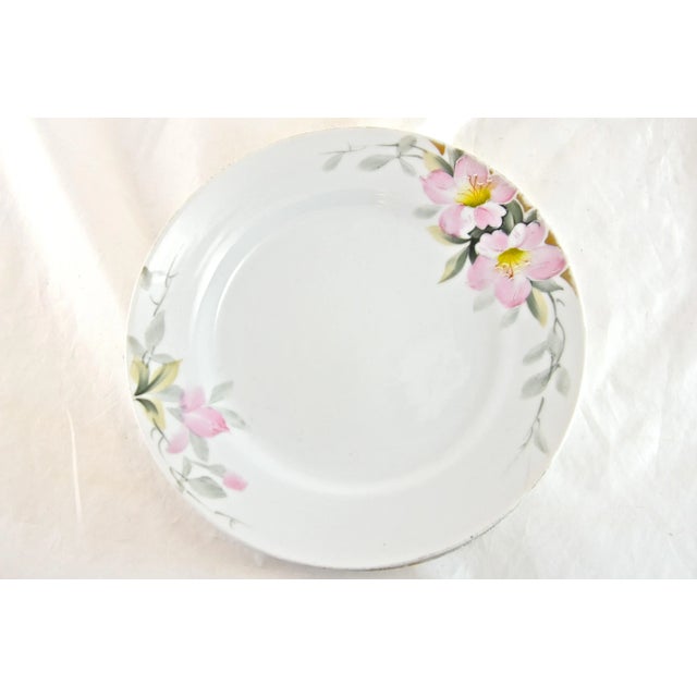 Set of four antique hand-painted moriage "Azalea" pattern flower blossom porcelain dessert plates in vibrant tones of...