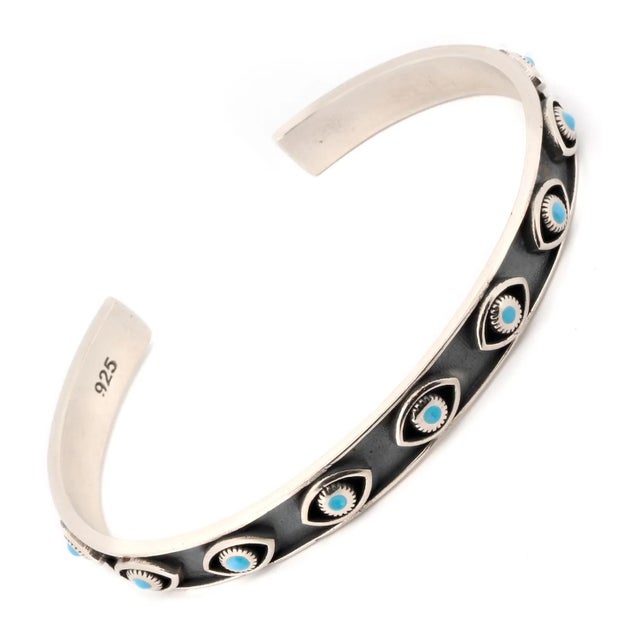 Early 21st Century Turquoise Evil Eye Sterling Silver Cuff Bangle Bracelet For Sale - Image 5 of 7