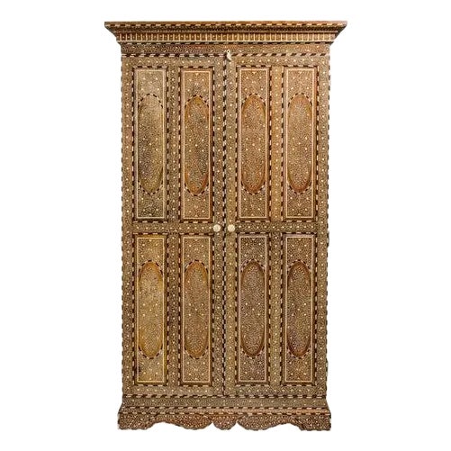 Anglo Indian Style Mango Wood Tall Cabinet with Floral Themed Bone Inlaid Décor For Sale