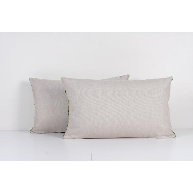 Green and Cream Ikat Silk Velvet Lumbar Pillow – Set of Two For Sale - Image 4 of 4