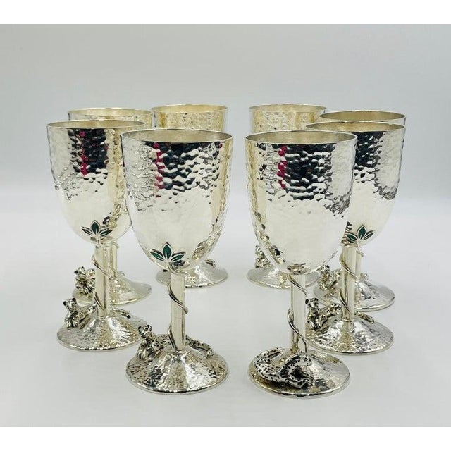 1980s 1980s Set of 8 Silver Plated & Crushed Emerald Wine/Water Goblets by Emilia Castillo For Sale - Image 5 of 18