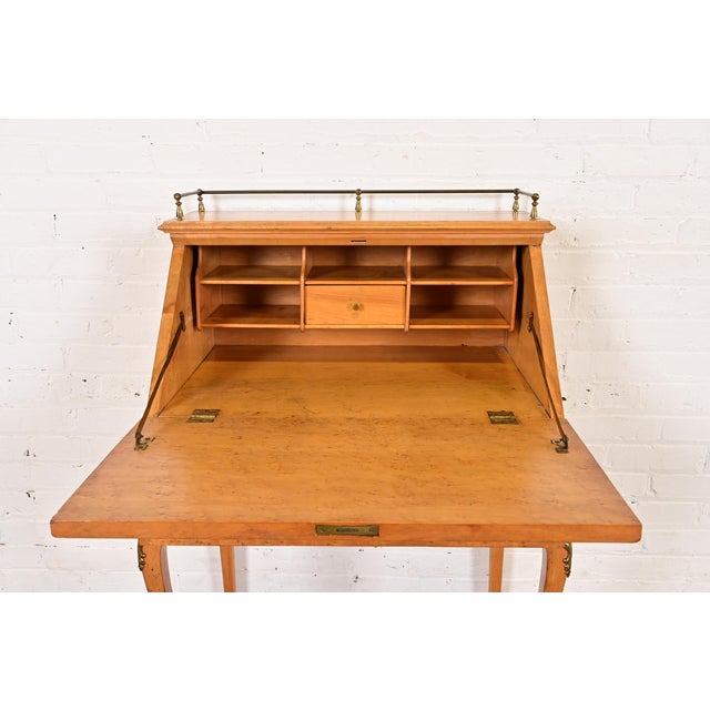 Baker Furniture Style Antique French Provincial Louis XV Birdseye Maple Drop Front Secretary Desk With Mounted Brass Ormolu, Circa 1890s For Sale - Image 9 of 18