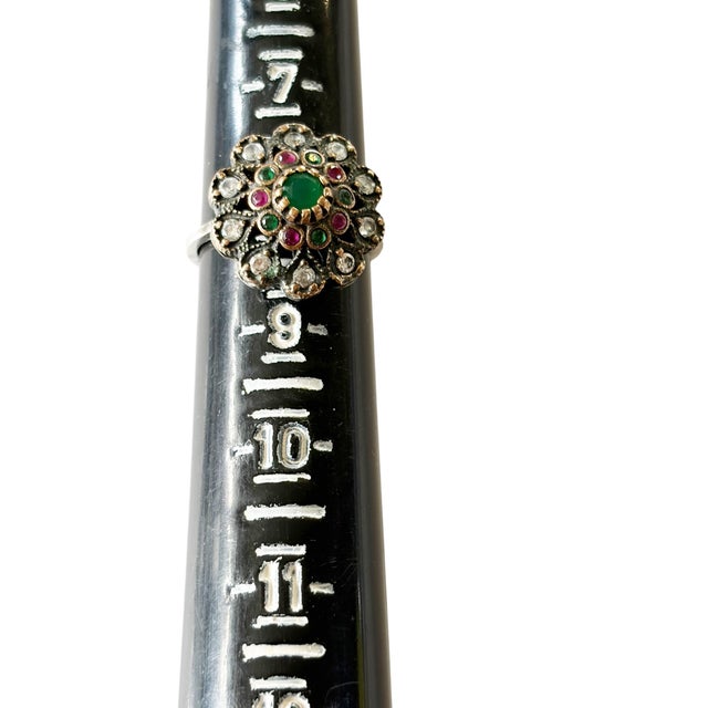 Vintage Ruby, Emerald& Diamond Ring Sterling Silver Size 8 For Sale - Image 4 of 5