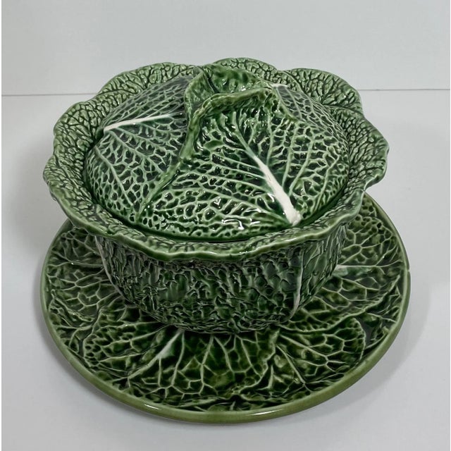 1970s Vintage Majolica Cabbage Lidded Soup Tureen With Under Plate For Sale - Image 4 of 11