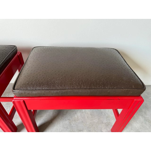 Mid-Century Modern 1970's Mid-Century Red Lacquered Mahogany Wood With Brown Leather Seats Ottomans - a Pair For Sale - Image 3 of 12