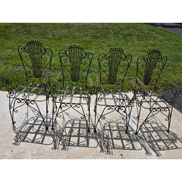 John Salterini Vintage Neoclassical Style Green Wrought Iron Lyre Harp Garden Chairs - Set of 4 For Sale - Image 4 of 12