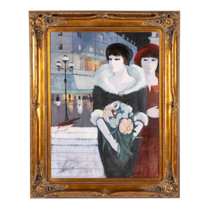Charles Levier, Large Charles Levier Modernist Oil Painting Women Paris Street French Modernism
