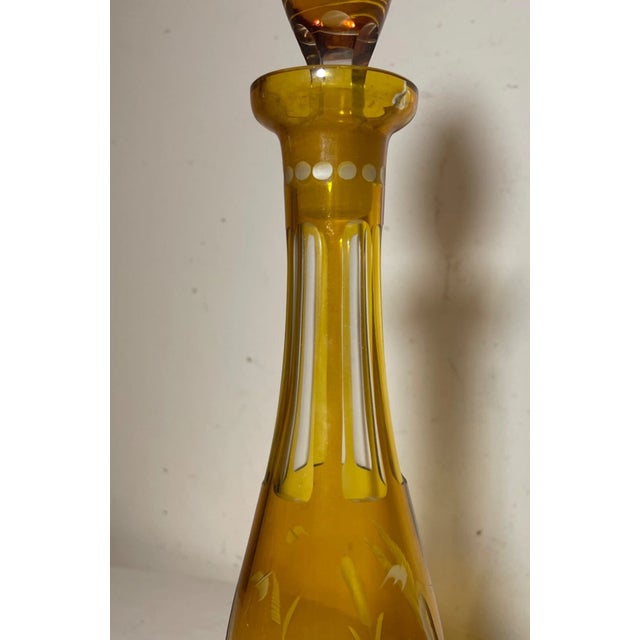 Antique Yellow Cut to Clear Czech Bohemian Crystal Glass Liquor Decanter Bottle For Sale - Image 10 of 13