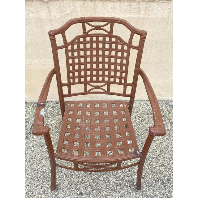 Hollywood Regency Late 20th Century Cast Aluminum Basket Weave Lattice Rattan Metal Patio Outdoor Arm Chair For Sale - Image 3 of 10