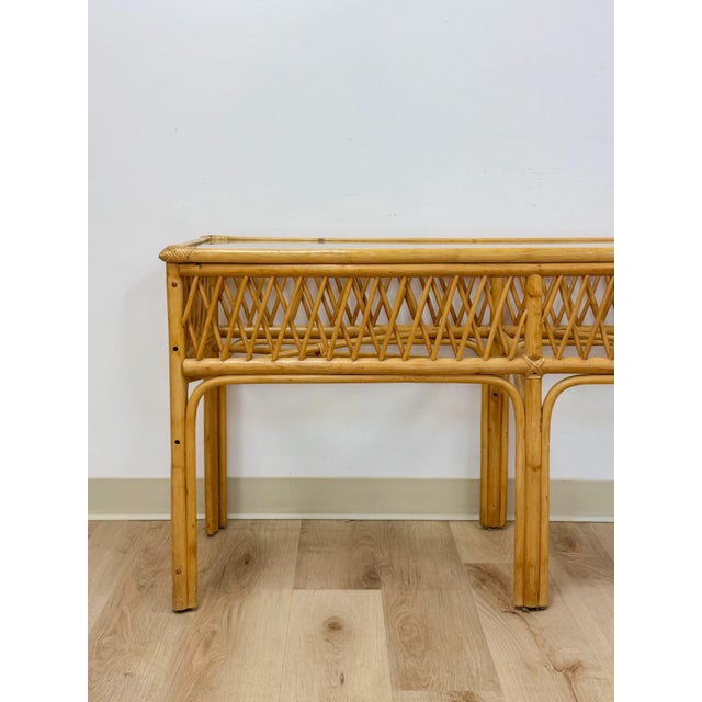 Vintage Coastal Wicker Rattan Console Table Woven Lattice Glass Top Beige Boho For Sale - Image 13 of 14