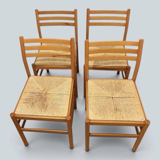 Mid-Century Italian Beech and Rush Ladderback Dining Chairs, Set of 4 For Sale - Image 4 of 9