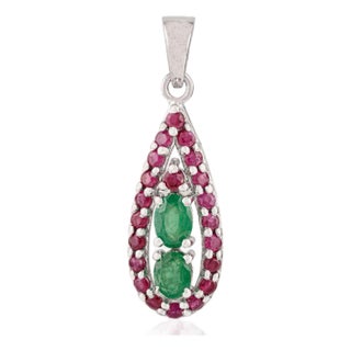 Artisan Sterling Silver 3.54 Carat Emerald & Ruby Teardrop Pendant - Christmas Gift For Sale