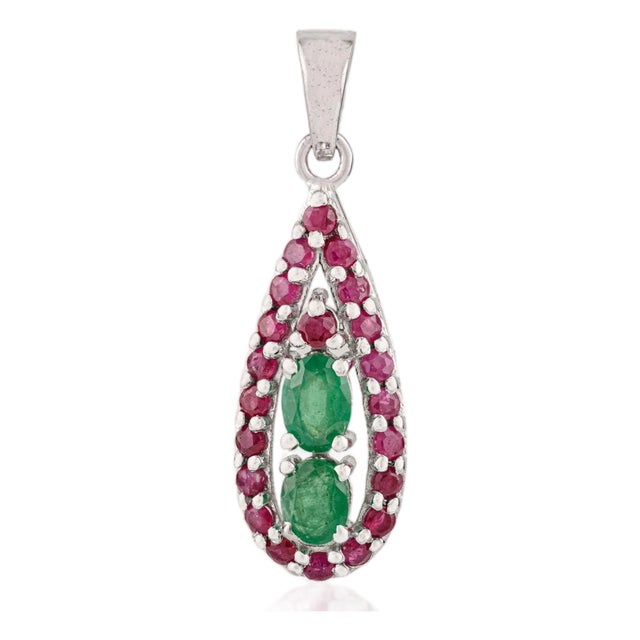 Artisan Sterling Silver 3.54 Carat Emerald & Ruby Teardrop Pendant - Christmas Gift For Sale