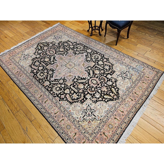 19th Century Fine Persian Tabriz Rug, Hand-Knotted Wool & Silk, Geometric Heriz Pattern, Black & Ivory, 7x10 For Sale - Image 5 of 17