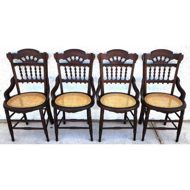 Antique Eastlake Victorian Style Walnut Cane Seat Side Dining Chairs Set of 4 For Sale - Image 10 of 13