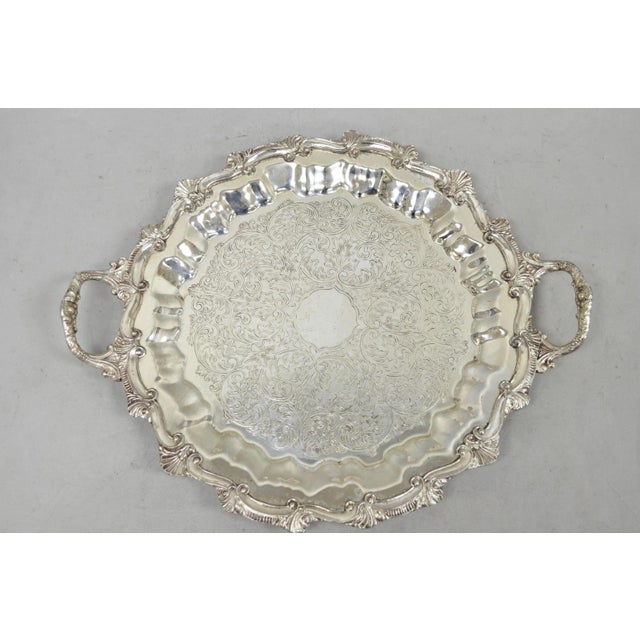 Vintage Victorian Silver Plated Round Scalloped Twin Handle Bar Serving Tray For Sale - Image 14 of 17