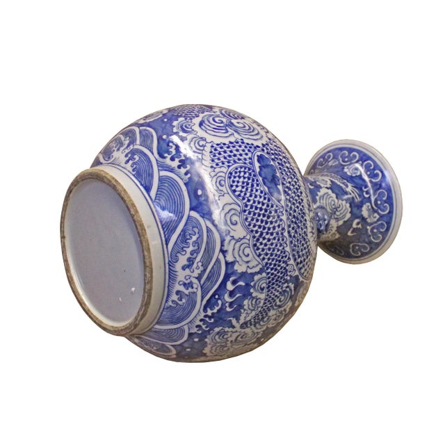 2010s Chinese Blue White Porcelain Oriental Dragons Scenery Graphic Vase For Sale - Image 5 of 7