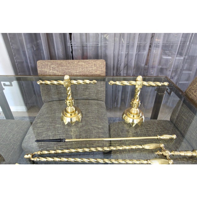 Brass Late 20th Century Aesthetic English Brass Fireplace Andiron Set - 5 Pieces For Sale - Image 8 of 13