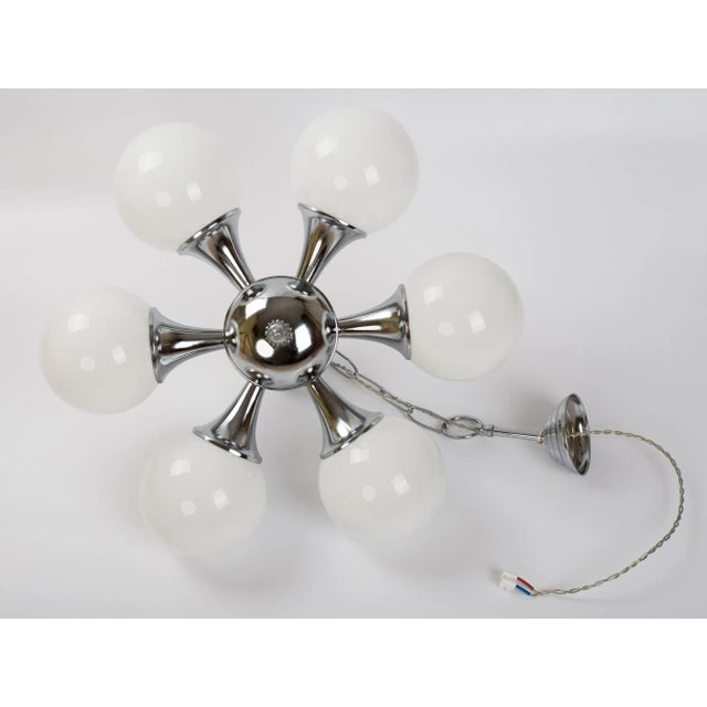 1960s Nickel Plated Chandelier & Ball Opal Glass Globes For Sale - Image 9 of 11