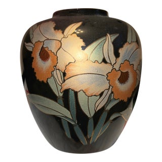 Vintage Japanese Black Enamel Vase With Orchid Floral Design. For Sale