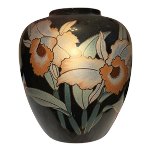 Vintage Japanese Black Enamel Vase With Orchid Floral Design.