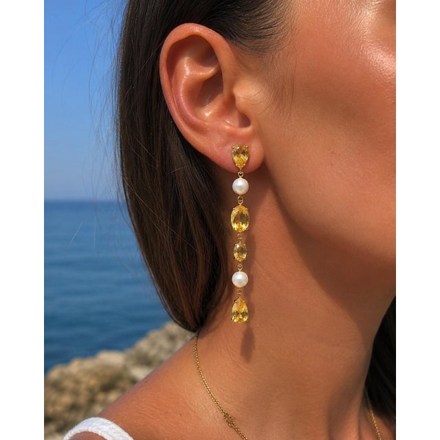 Yellow Citrine & Pearl Drop Multi-Shape Earrings, Silver, Gold, Pair For Sale - Image 8 of 8