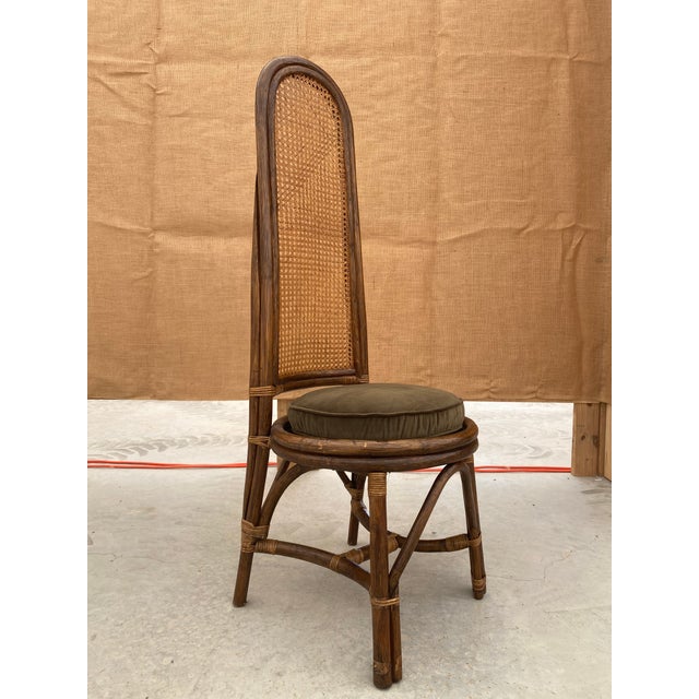 1960s Rattan + Cane Dining Chairs + Dark Moss Green Down Seat Cushions, Set of 8 For Sale - Image 11 of 12